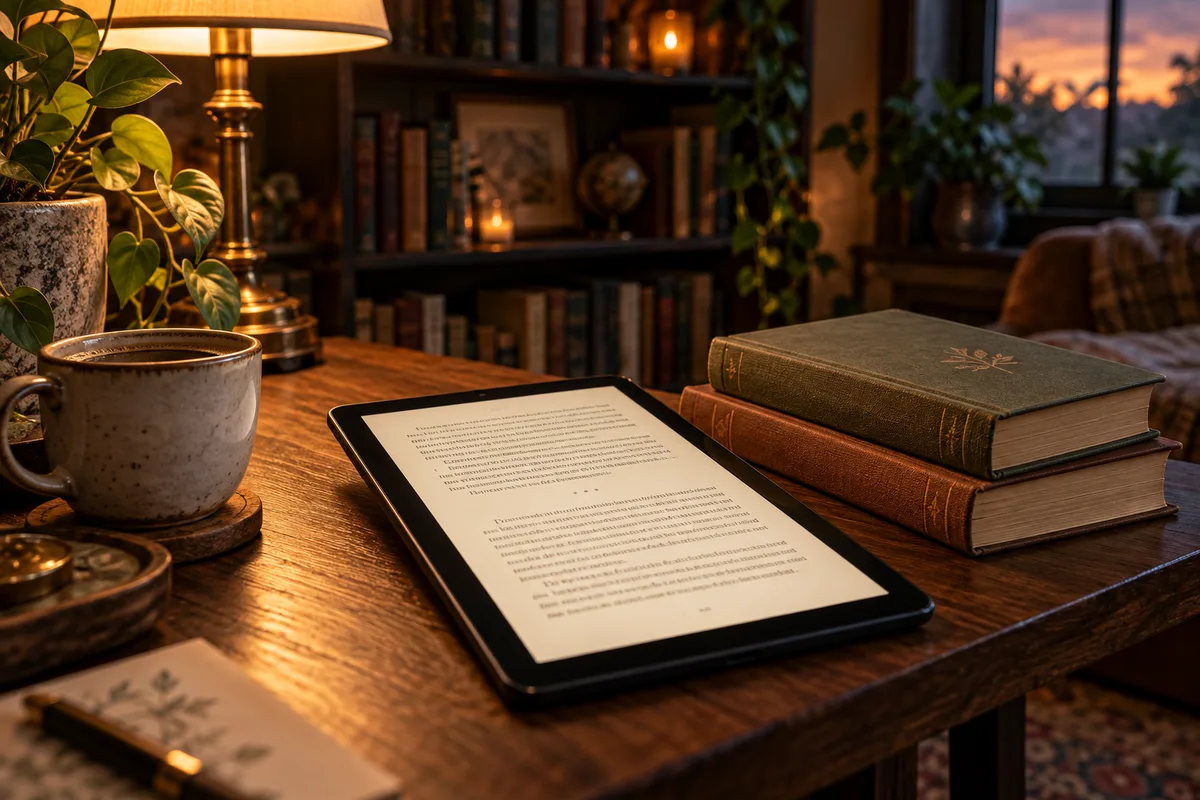 Books beside a warm reading light